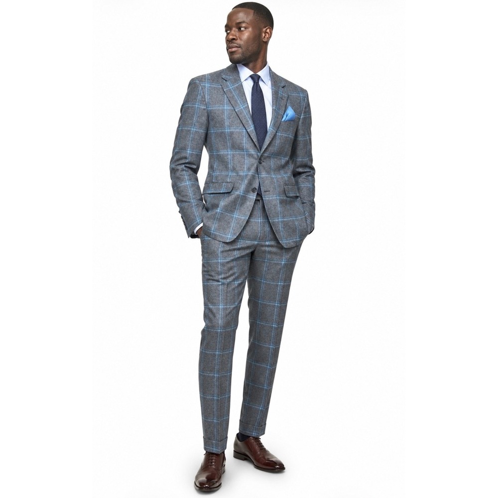 Vitale Barberis Canonico Wool Silk 2 Piece Suit Size 42R Grey Blue Windowpane